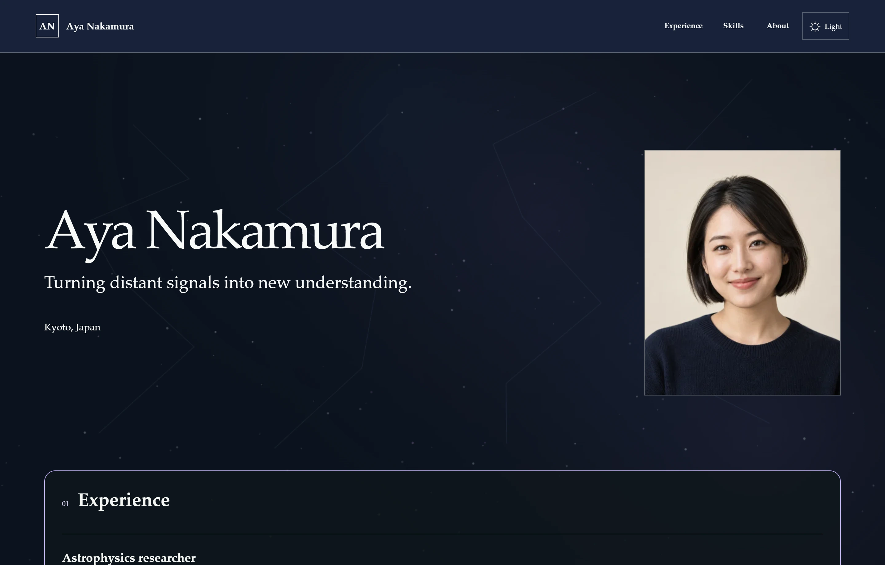 Astrophysics researcher · Celestial notes. An open profile, original ambient motion and a real supported résumé layout. Aya Nakamura’s fictional résumé in the folio layout.