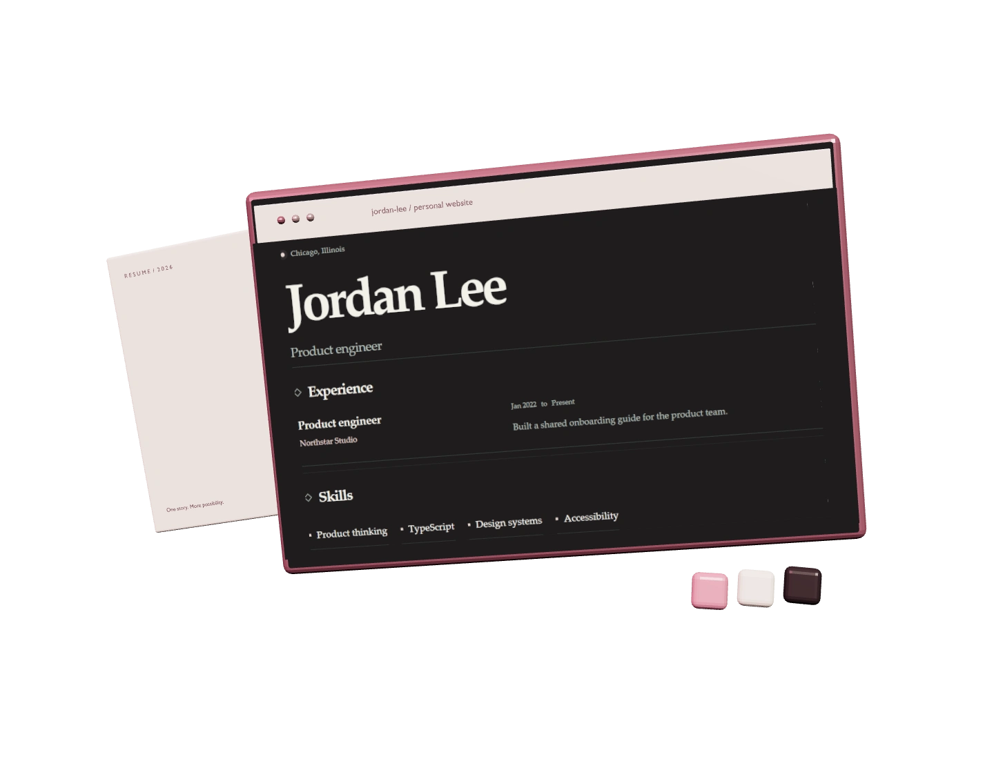 A floating cream résumé beside Jordan Lee’s refined, editorial website in a rose browser frame